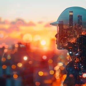 Profile of an engineer with city lights and sunset in the background, creating a double exposure effect to symbolize urban progress, Modern, Photography, Bright Tones, Detailed 8K , high-resolution, u;