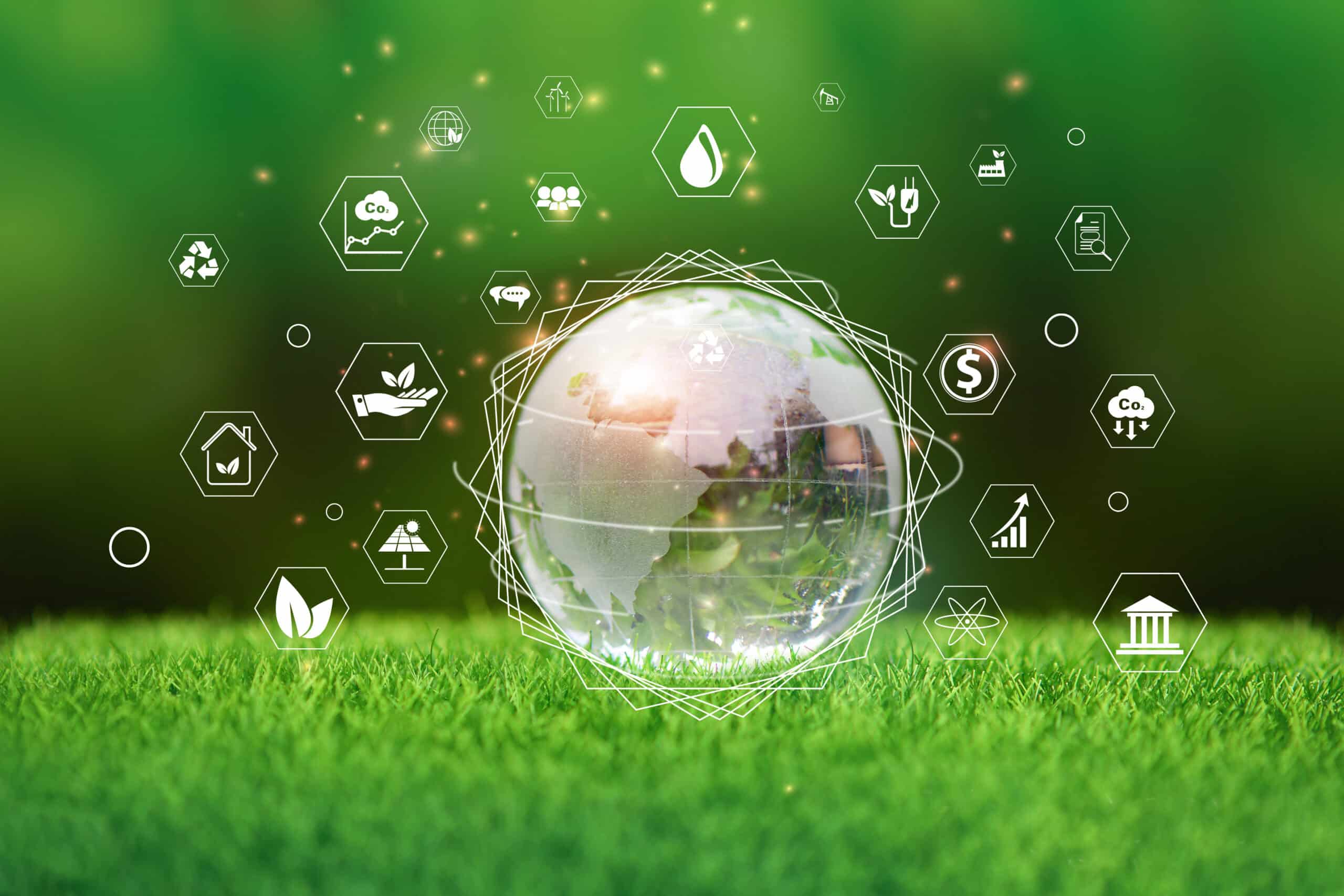 Glass globe in green forest with the icon environment of ESG, co2, circular company, and net zero. Technology Environment, society,